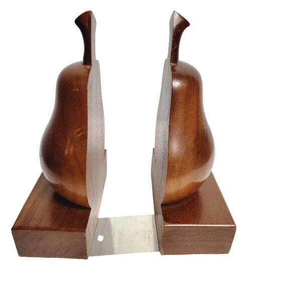Vintage MCM Mahogany Wood Pear Apple Bookends Teacher Home Decor Library - Picture 2 of 8